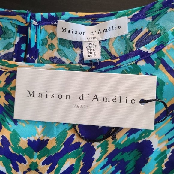 Maison D Amelie Paris Anthropolgie Short Sleeve Blouse Peacock Colors Graphic Sm - Picture 5 of 8